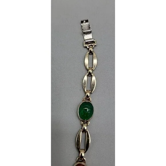 14k W. E. Richards Co. Symmetalic Sterling & Scarab Bracelet 6" Gemstones 1940s - Picture 12 of 15